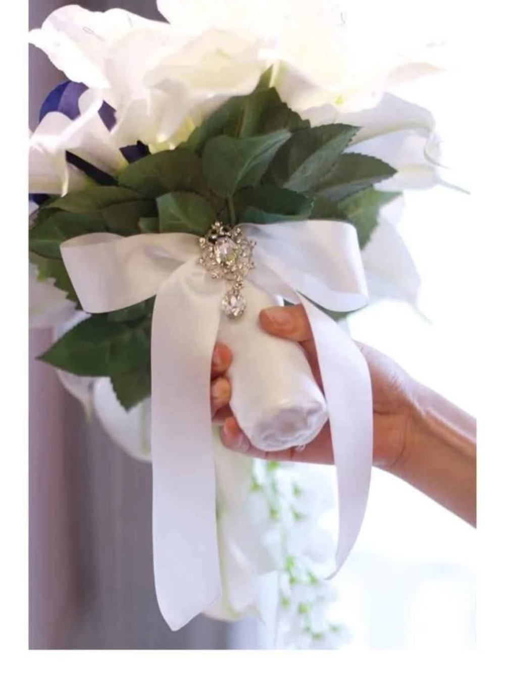 White Bridal Bouquet with Satin Bow and Crystal Brooch